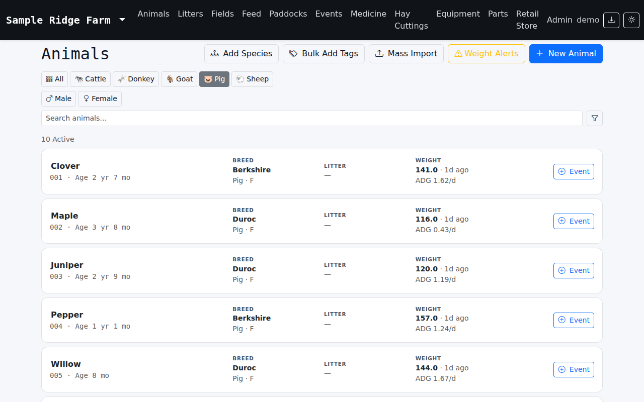Farm management app animal list filtered to pigs, showing breed, latest weight, and average daily gain