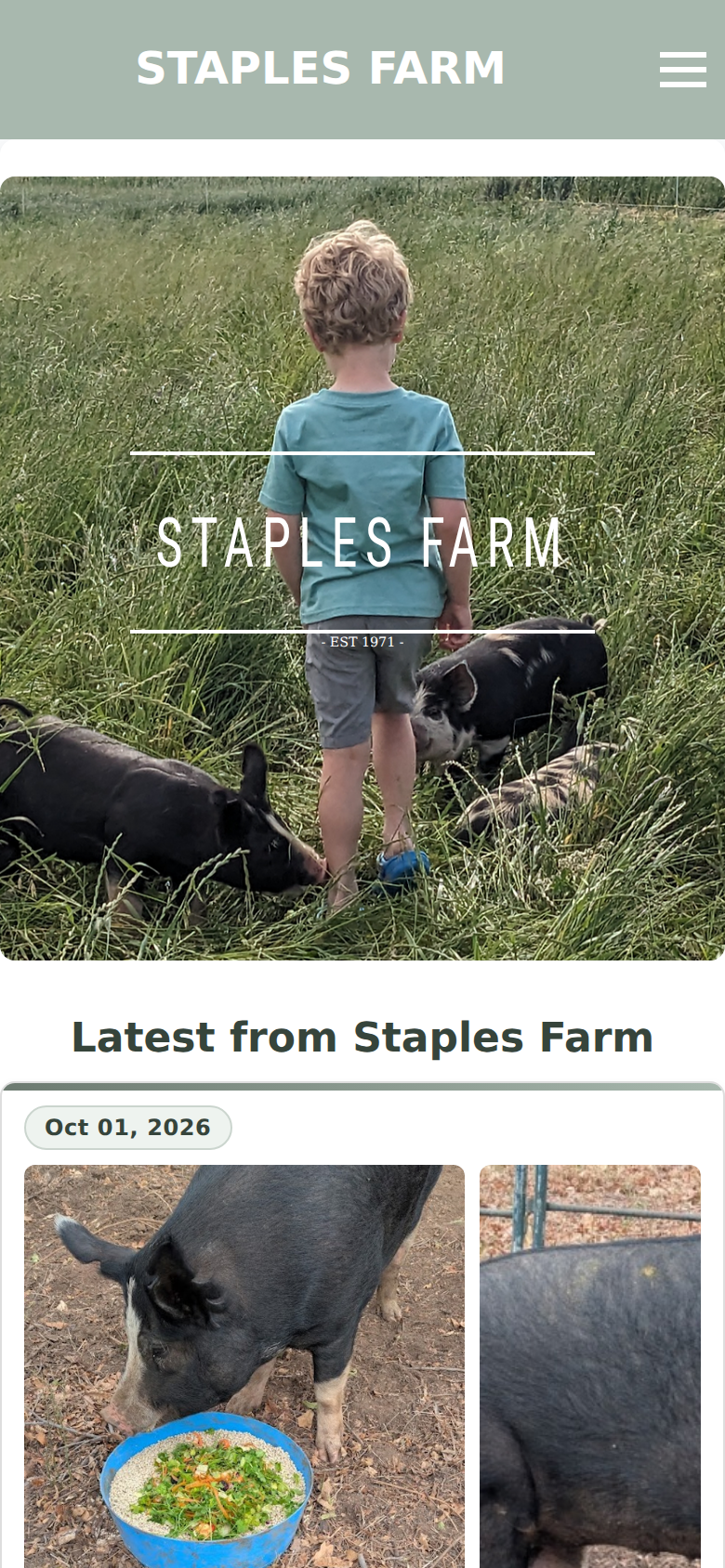 Farm website homepage at phone width with a collapsed navigation menu and full-width hero photo