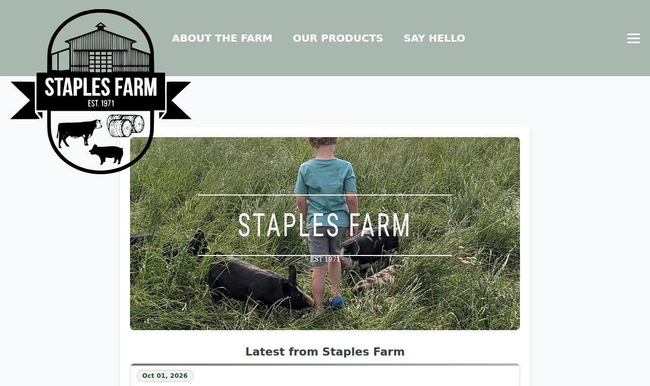 Farm website homepage with a hero photo of pigs in a pasture and a latest-posts section below