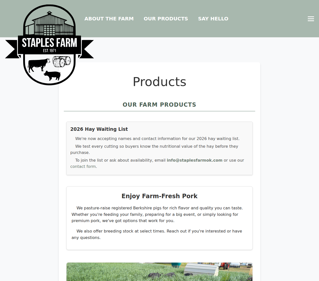 Farm website products page with a hay waiting list and pasture-raised pork section