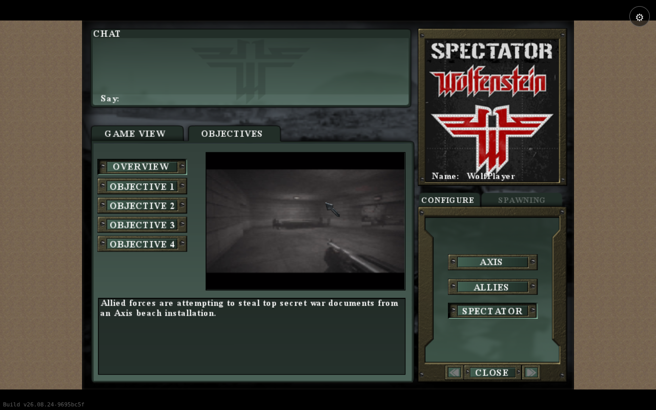 Return to Castle Wolfenstein team-select screen running in a browser tab