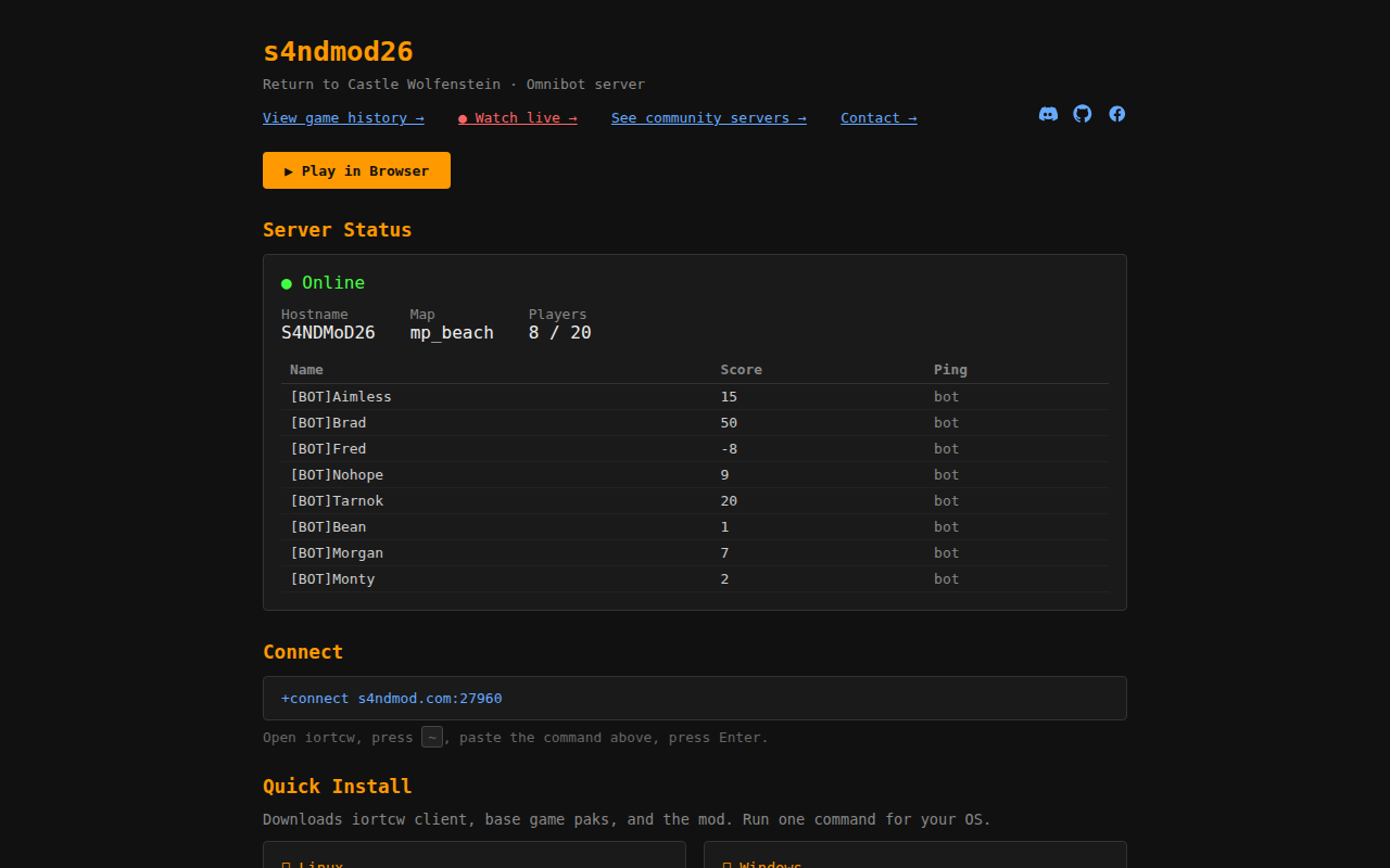 s4ndmod26 landing page with a Play in Browser button above live server status, current map, and player list
