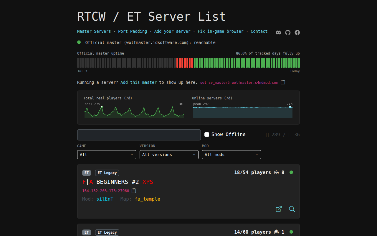 RTCW and ET server list with master uptime, player trend graphs, and filters