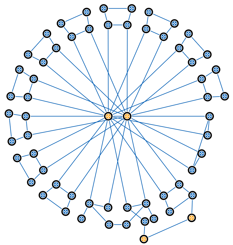 Network topology graph of a large network with two core routers and dozens of ring-connected routers