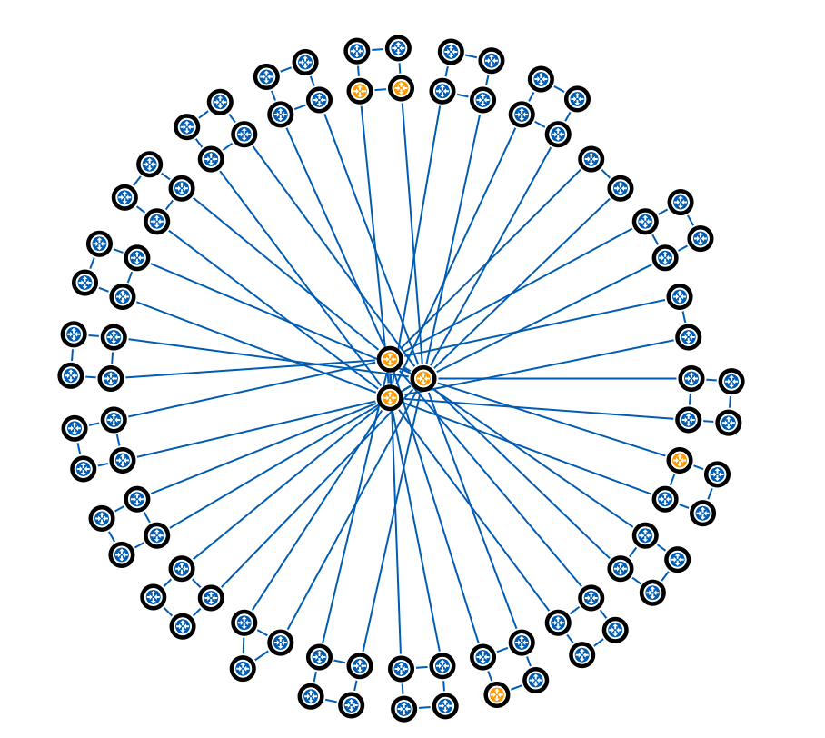 Network topology graph of one of the largest networks, with core routers at the center and rings of routers around them